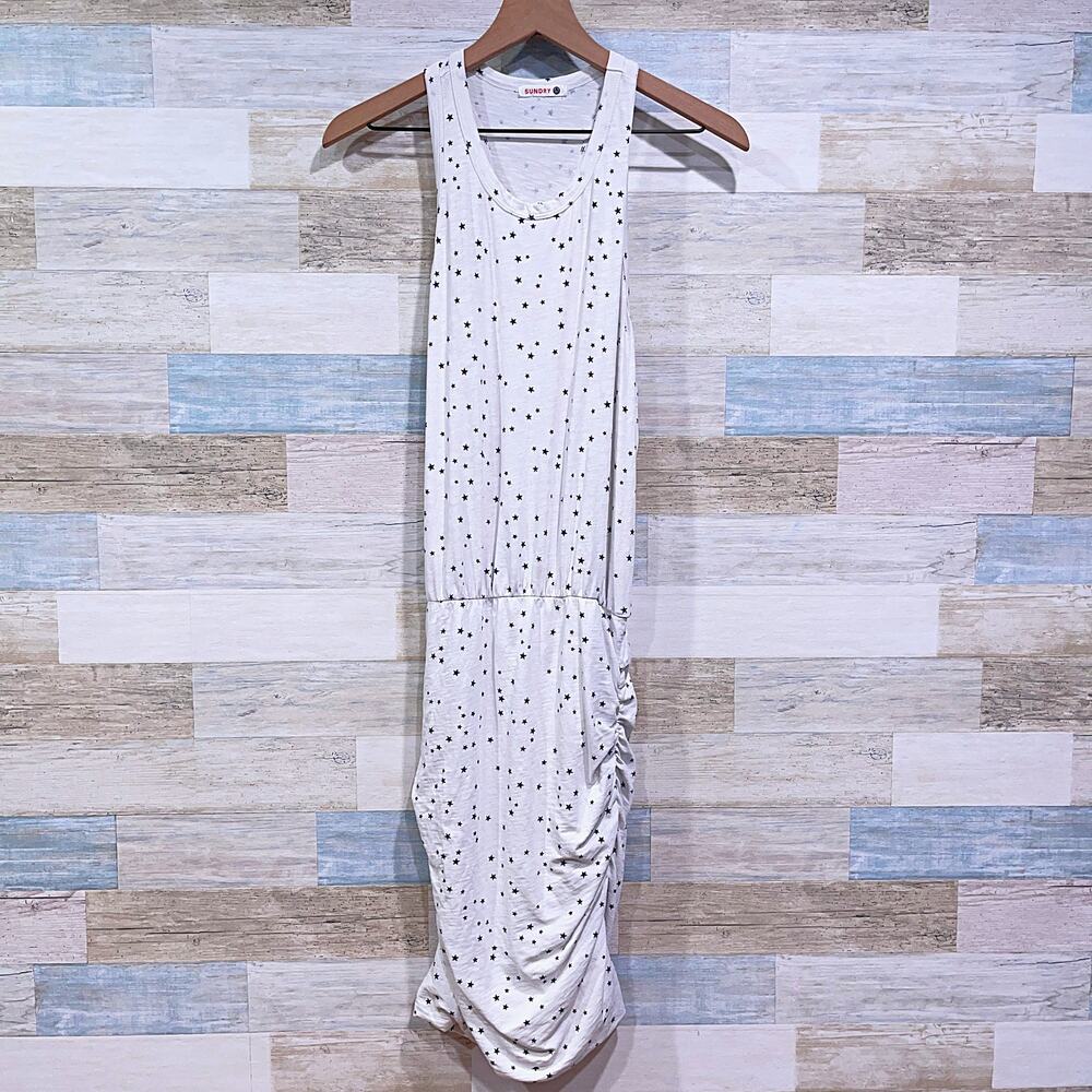 Sundry Ruched Blouson Tank Dress White Navy Blue Stars Casual Womens Medium 2